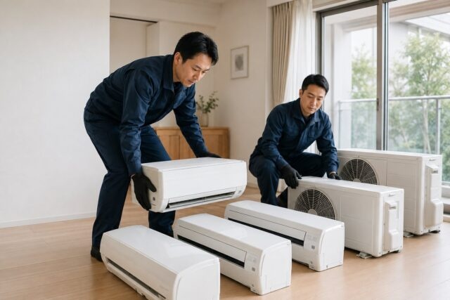 複数台のエアコンを扱うスタッフ
