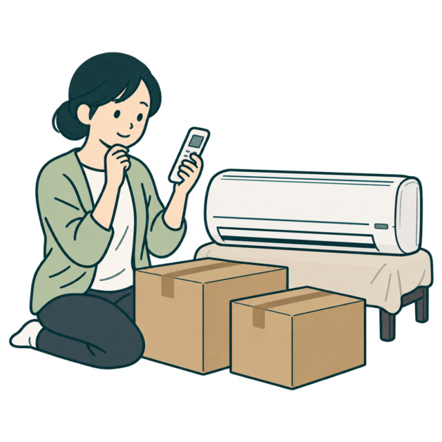 エアコンと梱包箱のそばでリモコンを確認する女性のイラスト