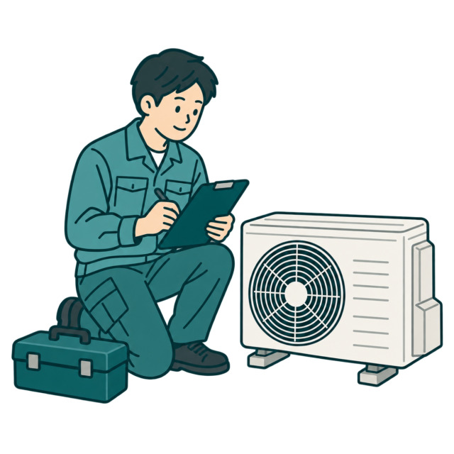 室外機のそばで点検内容を確認するスタッフ
