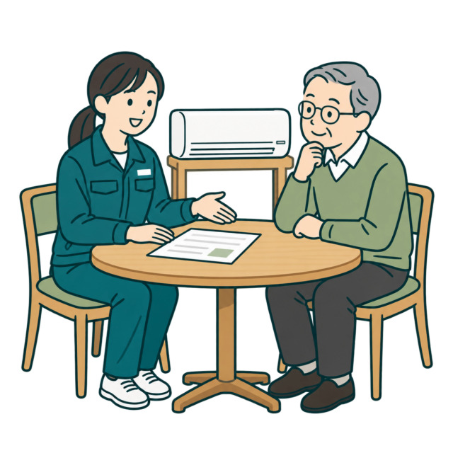 エアコンの査定内容を説明するスタッフと相談するお客様