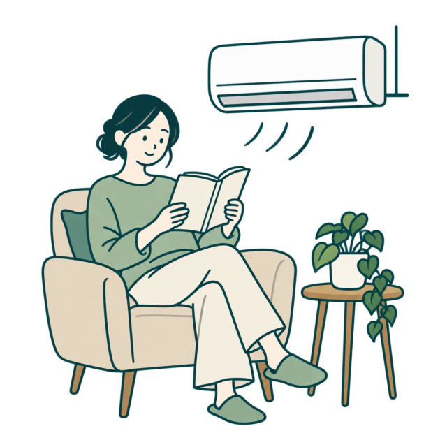 エアコンのある部屋で、椅子に座って本を読む女性
