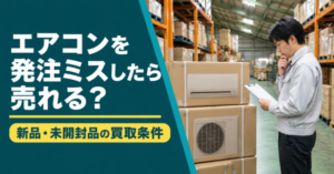 倉庫に保管された未開封エアコンの在庫と「エアコンを発注ミスしたら売れる？ 新品・未開封品の買取条件」の見出し